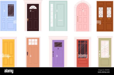 Cartoon Front Different Doors Retro Facade Door Elements Home