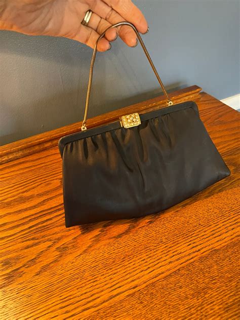 Vintage Satin Ande Clutch With Rhinestone Clasp Satin Interior Black