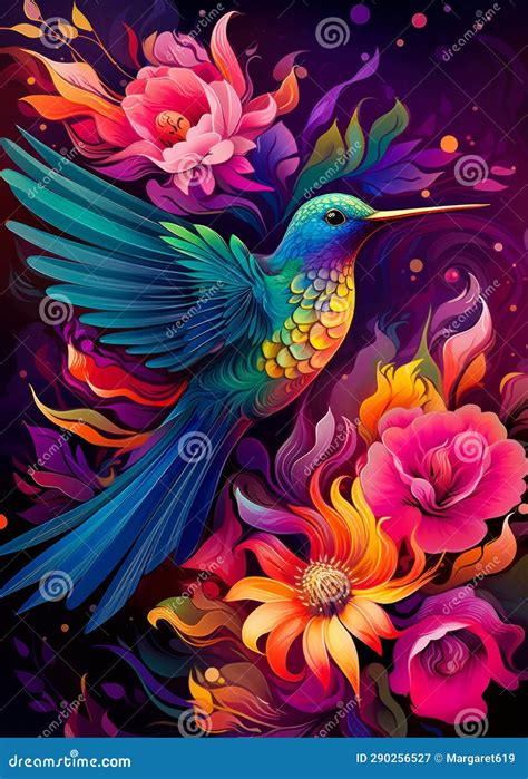 Beautiful Colorful Hummingbird On Flowers Illustration Stock