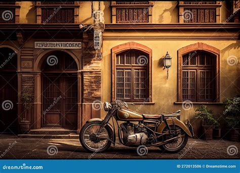 Old Fashioned Architecture And Vintage Motorcycle Generative Ai Stock