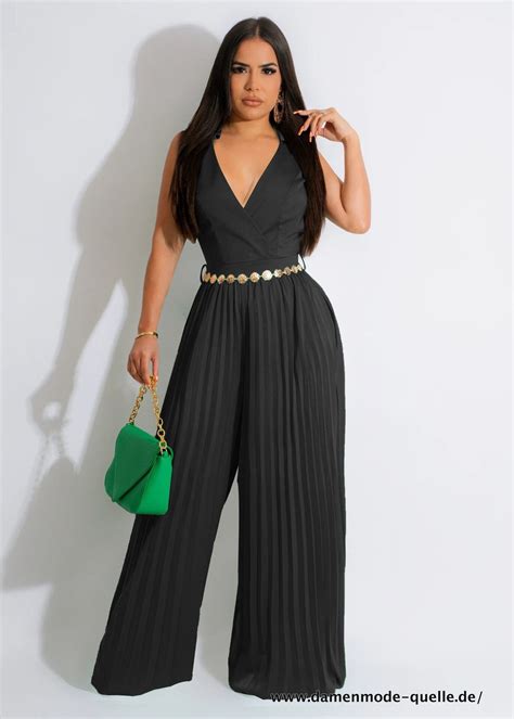 Jumpsuit Einteiler Damen Plissee Weites Bein V Ausschnitt Mit