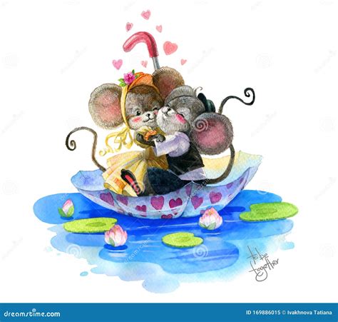 Two In Love Mice Hug Each Other And Swim In The Umbrella On The Water