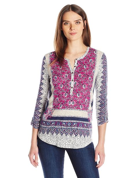 Border Print Henley Top Knit Fashion Scoop Neckline Lucky Brand