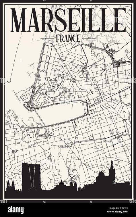 Hand Drawn Panoramic City Skyline Poster With Downtown Streets Network