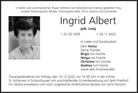 Ingrid Albert Traueranzeige Trauer Infranken De