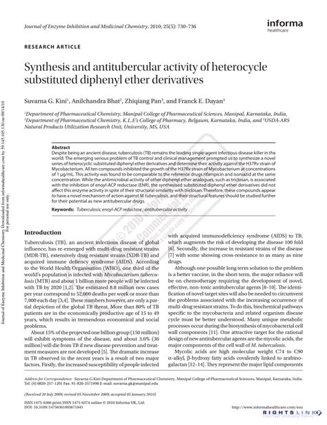 (PDF) Synthesis and antitubercular activity of heterocycle substituted diphenyl ether derivatives