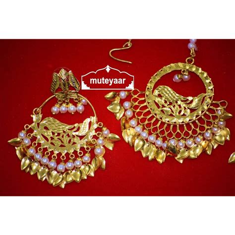 Hand Made Gold Plated Morni Design Traditional Punjabi Earrings Tikka