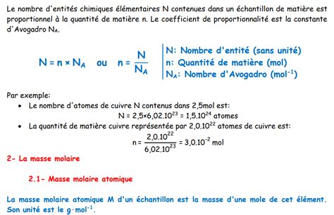 QUANTITES DE MATIERE mole 2nd 1ère pro Physique Chimie