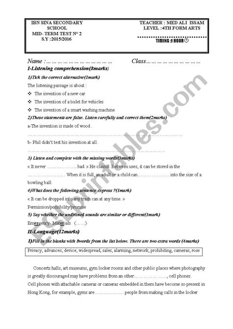 Mid Term Tes N2 4th Form ESL Worksheet By Nafti