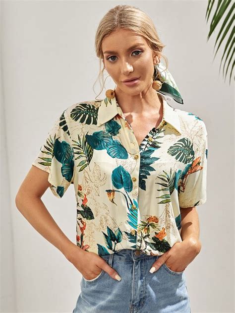 SHEIN VCAY Tropical Print Button Up Shirt SHEIN USA