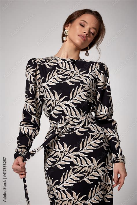 Beautiful Brunette Woman Tanned Skin Glamour Model Pose Wear Fashion Clothes Midi Long Silk