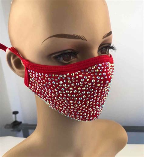 Red Rhinestone Bling Face Mask Red Face Mask Sparkly Red Etsy