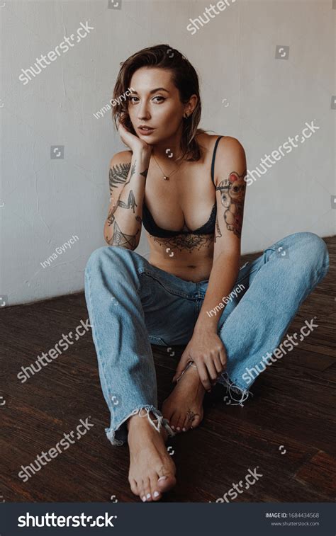 Sexy Woman Tattoos Wearing Lingerie Jeans Stock Photo 1684434568 Shutterstock