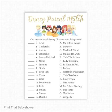 Baby Shower Games Disney Parent Match Game Disney Etsy Baby Shower