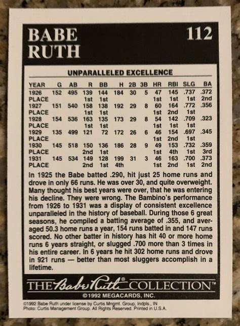 1992 Megacards The Babe Ruth Collection Babe Ruth 112 New York