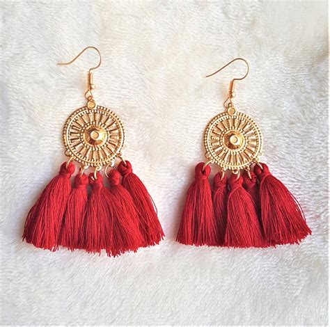 Red Tassel Earrings On Gold Tone Metal Disc Dangle Drop Earring Hoop Earrings Bohemian Jewelry