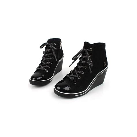 Womens Cap Toe Lace Up Wedge Sneakers High Top Zipper Shoes Black