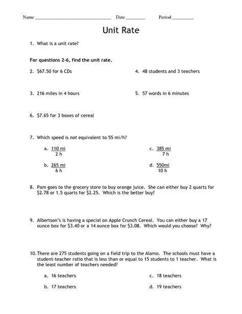 Unit Rates Worksheets Worksheet Unit Rate Grade Math Printab