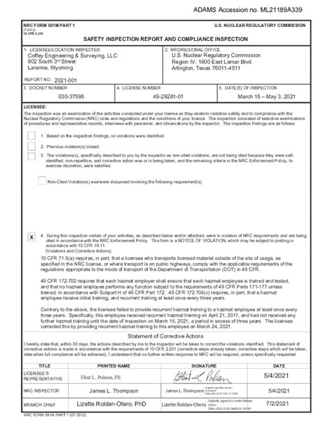 Fillable Online Nrc Inspection Report 030 375952021 001 Coffey