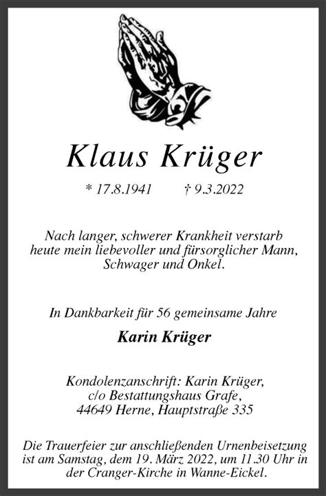 Traueranzeigen Von Klaus Kr Ger Trauer In Nrw De