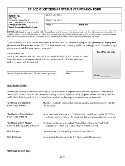 Fillable Online Financialaid Calpoly Fcit Citizenship Verification