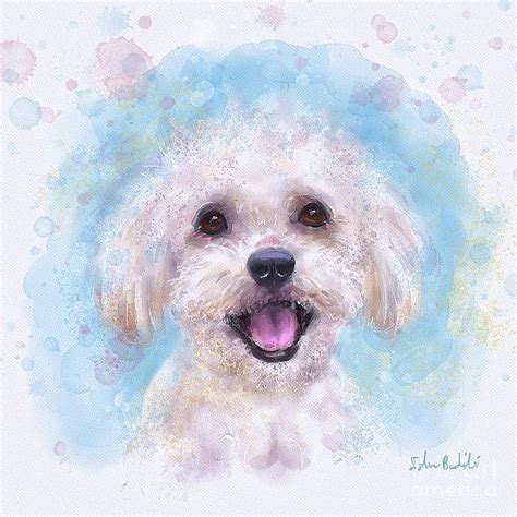 Watercolor Portrait Of A Maltese Dog In Light Blue Background Digital