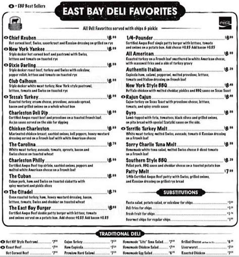 Menu at East Bay Deli restaurant, North Myrtle Beach