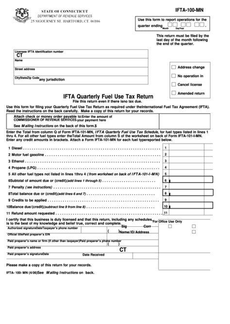 Fillable Form Ifta-100-Mn - Ifta Quarterly Fuel Use Tax Return printable pdf download