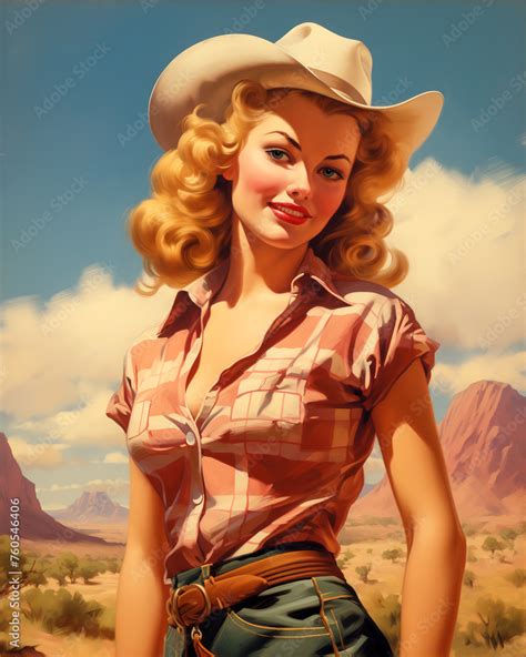 1950s Style Pin Up Poster Of Western Cowgirl Playful And Feminine