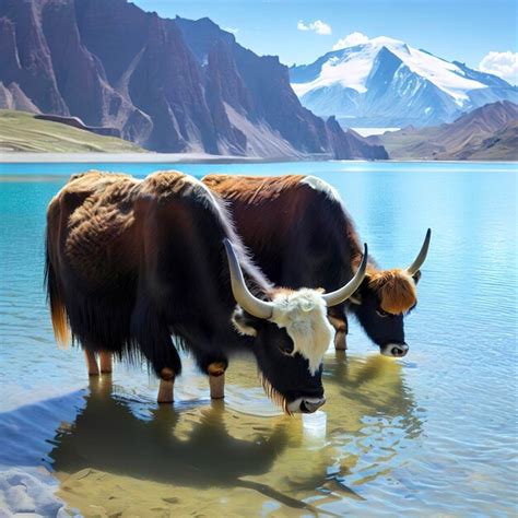 Premium Ai Image Alpine Yaks Drinking Water In The Baisha Lake Of