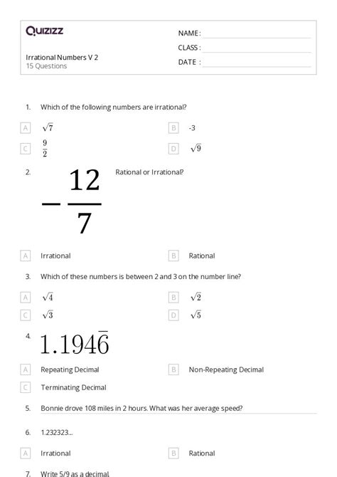 50 Irrational Numbers Worksheets For 4th Year On Quizizz Free And Printable