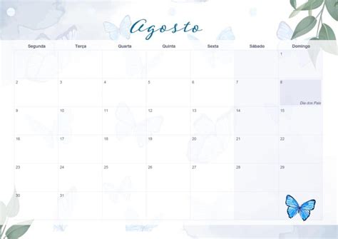 Calendario Mensal Agosto Borboletas Azuis Fazendo A Nossa Festa