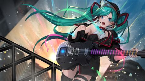 Aqua Hair Asagon007 Blue Eyes Guitar Hatsune Miku Instrument Leotard