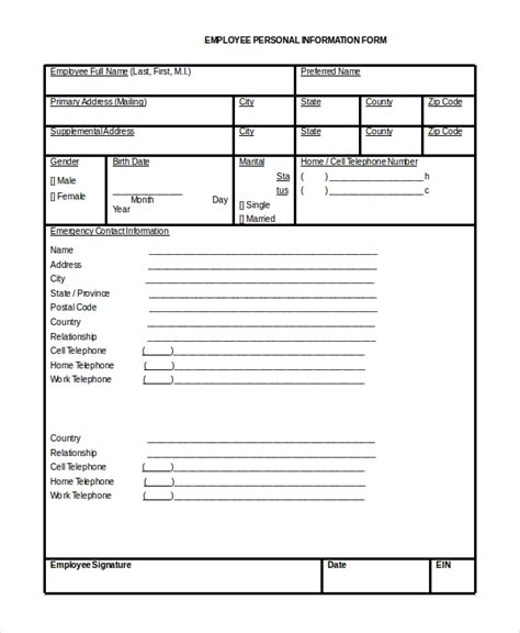 Printable Employee Personal Information Form Printable Forms Free Online