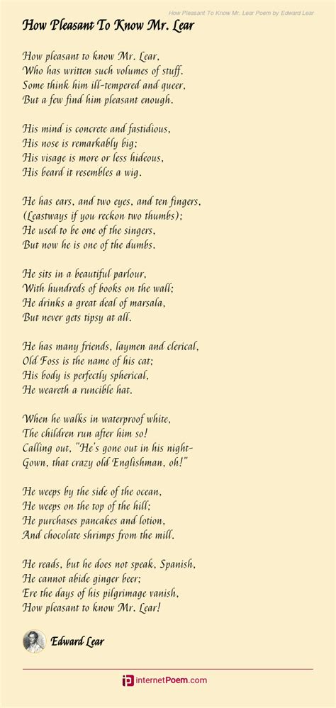 How Pleasant To Know Mr. Lear Poem by Edward Lear