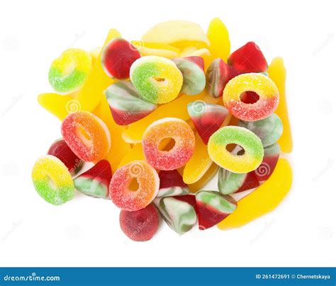 Pile Of Different Jelly Candies On White Background Top View Stock