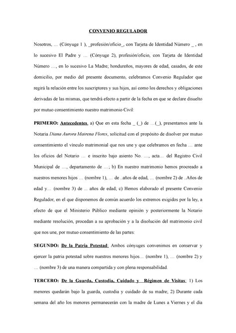 Convenio Regulador Divorcio Ejemplo Not 2 1 Convenio Regulador