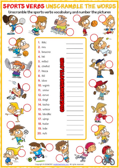 Sports Verbs Esl Unscramble The Words Worksheet