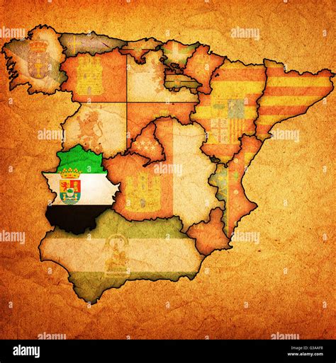 Extremadura Region On Administration Map Of Regions Of Spain With Flags