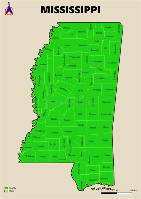 Detailed Mississippi Physical Map With Labeling Stock Vector