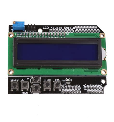 16x2 Lcd Shield With Keypad White Text On Blue Background