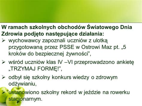 W ramach szkolnych obchodów Światowego Dnia Zdrowia podjęto następujące