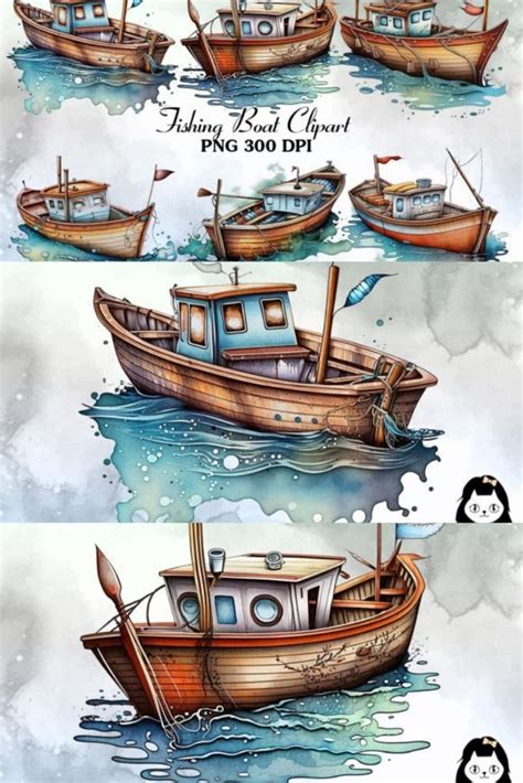 Retro Fishing Boat Watercolor Clipart Graphic By Cat Lady Creative