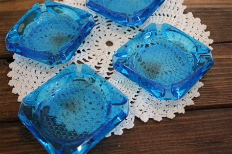 Vintage Lot Of 4 Blue Glass Ashtrays Aqua Blue Etsy Blue Glass Aqua Blue Vintage