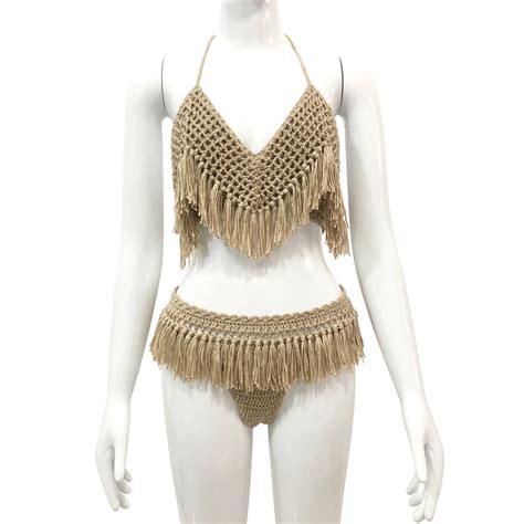 Hand Knit Exotic Bikini Set Two Piece Of Tassel Brazilian Style Women S Swimwear Cotton Crochet