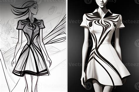 Monochrome sketch of female fashion, dress on a mannequin model ...