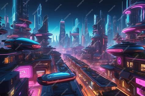 Cyberpunk Futuristic City Ficción Panorámica Con Letreros De Neón Y Ciudad De Luces De Neón Con