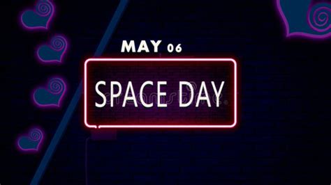 06 May Space Day Neon Text Effect On Bricks Background Stock