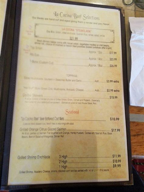 Menu At La Cocina Steakhouse Truth Or Consequences