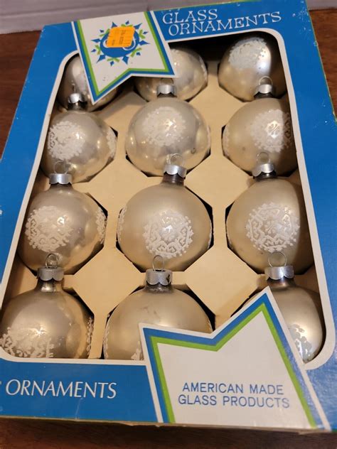 Gold Vintage Coby Mica Stencil Christmas Glass Ornaments 12 In Box Made In Usa Ebay